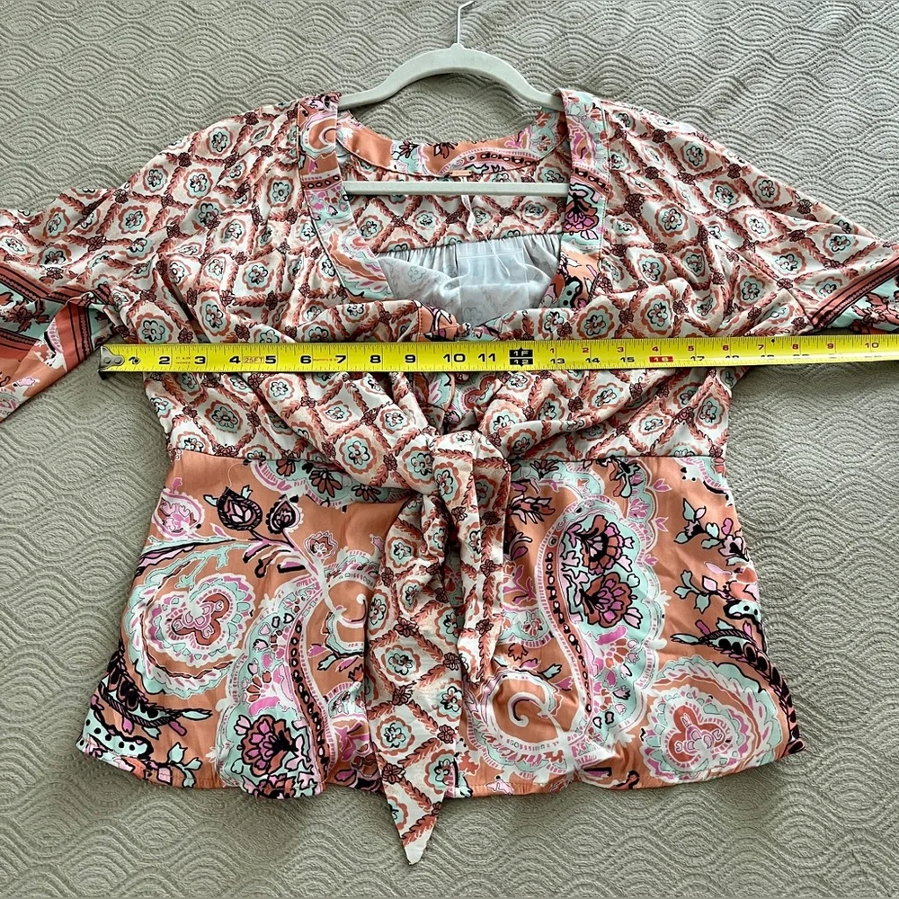 Free People Peach Paisley Tie-Front Blouse - Picture 6 of 11